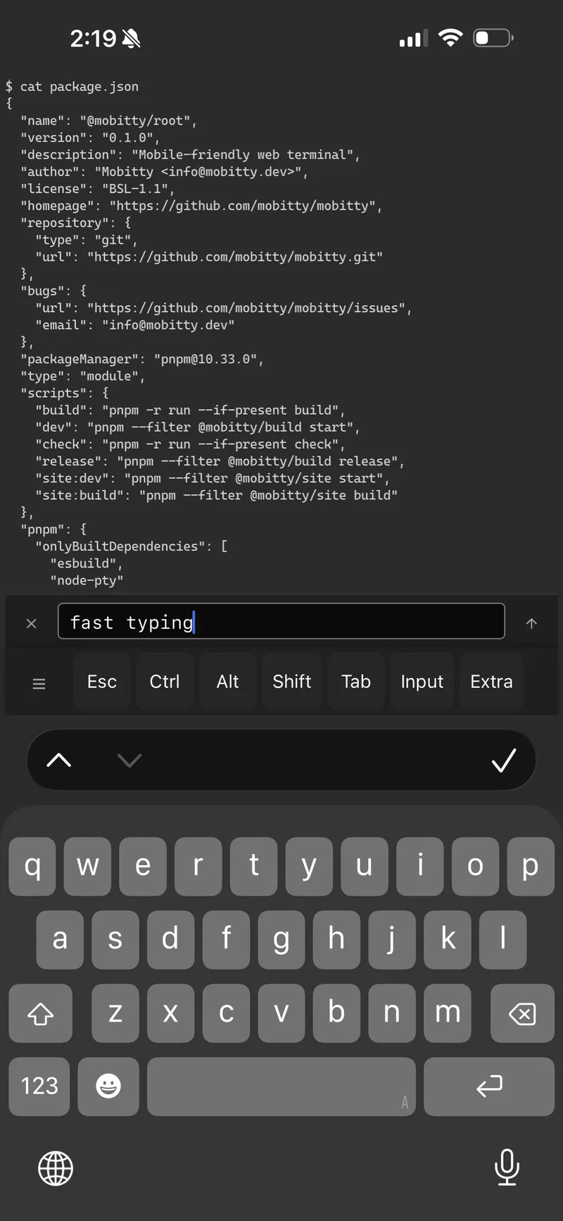 Terminal with inline input bar for fast typing, with soft key bar visible
