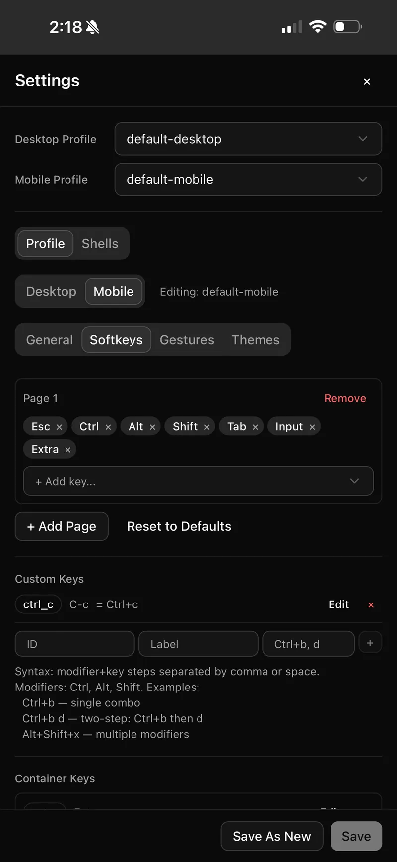 Soft key customization settings showing profile tabs, key layout editor, and custom key definitions