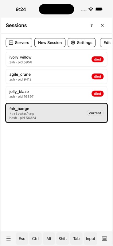 Session list showing live and dead sessions with Servers, New Session, Settings, Edit buttons