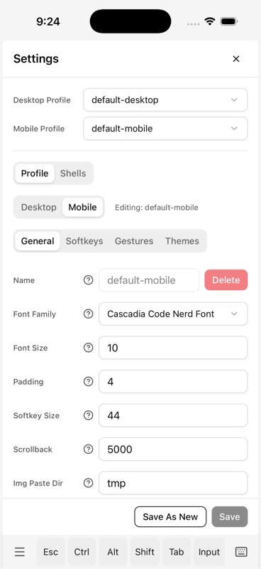 Settings General tab with font family, font size, padding, softkey size, scrollback, image paste dir