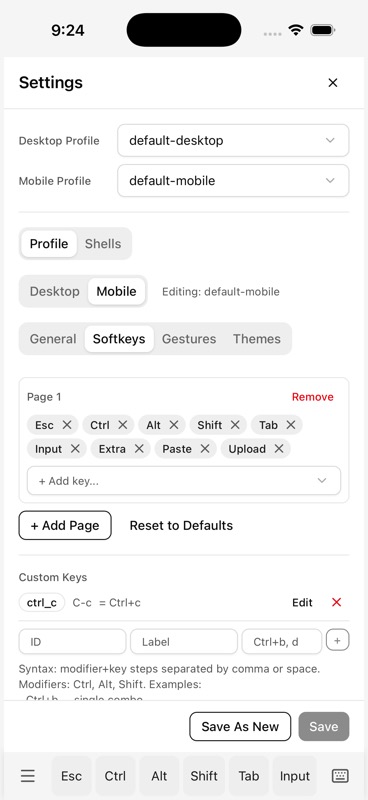 Settings Softkeys tab with Page 1 keys (Esc, Ctrl, Alt, Shift, Tab) and Custom Keys editor