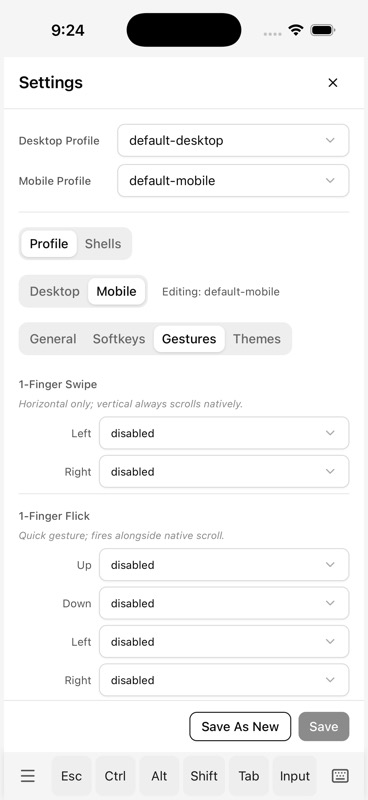 Settings Gestures tab with 1-Finger Swipe and 1-Finger Flick direction bindings