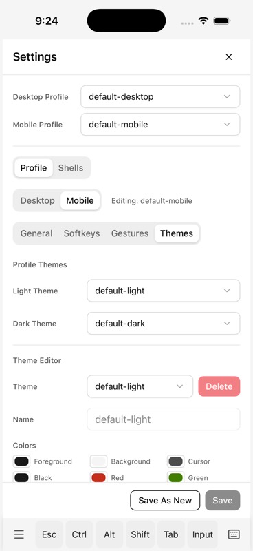 Settings Themes tab with Light Theme, Dark Theme pickers and Theme Editor with color swatches