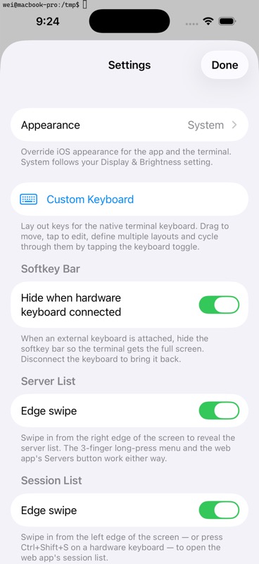 Native iOS settings sheet with Appearance, Custom Keyboard, hardware-kb toggle, edge-swipe toggles