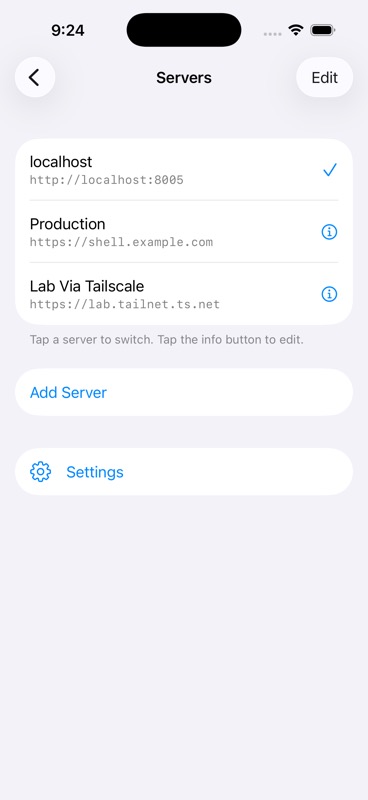 Server list with localhost, Production, and Lab via Tailscale entries
