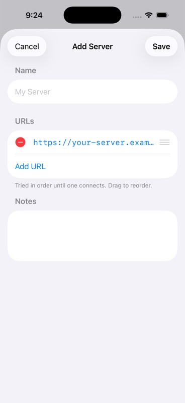 Add Server form with Name, URLs, and Notes fields