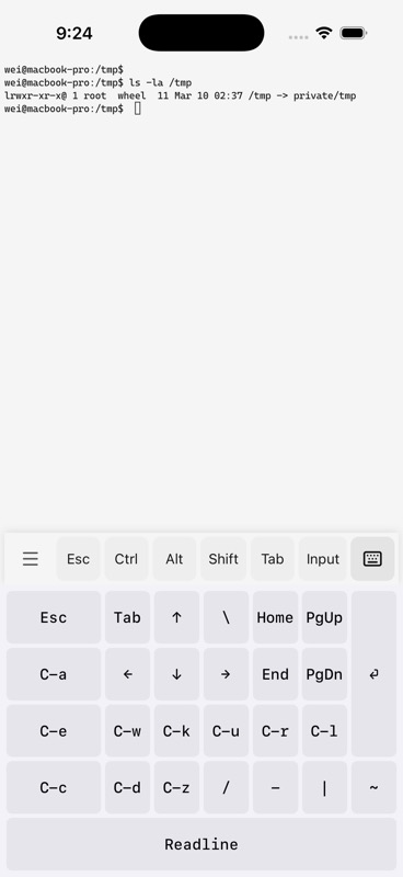 Native Readline keyboard layout with Esc, Tab, arrows, C-a C-e C-w C-k C-u C-r C-l, C-c C-d C-z