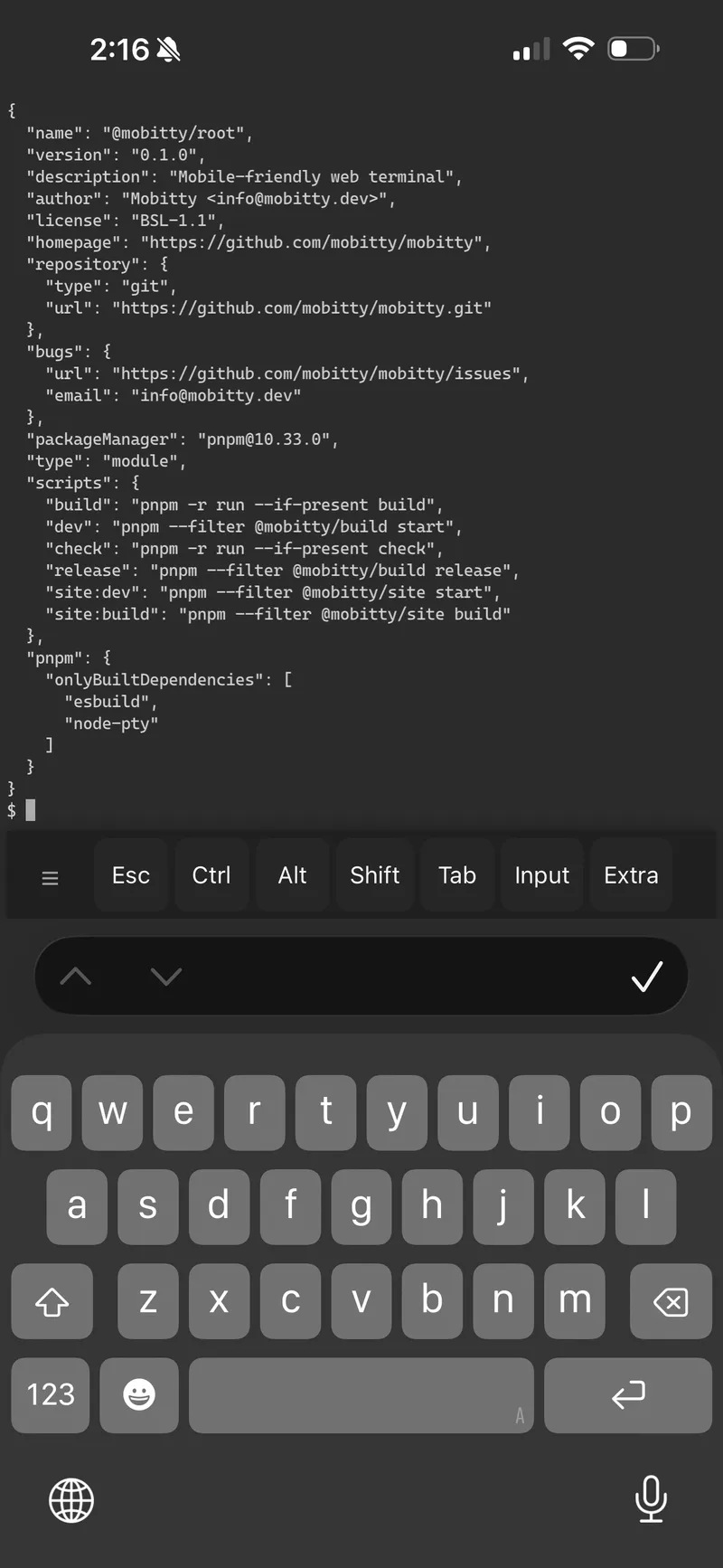 Mobitty terminal on mobile with soft key bar and terminal output